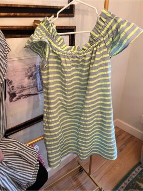 Anthro Corey Lynn Calter Neon Yellow & slate blue/Gray Striped Off-Shoulder Dre